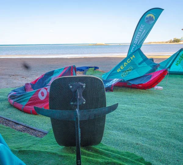 Carbon kite foil board with the foil mounted, at the Hurghada kite centre