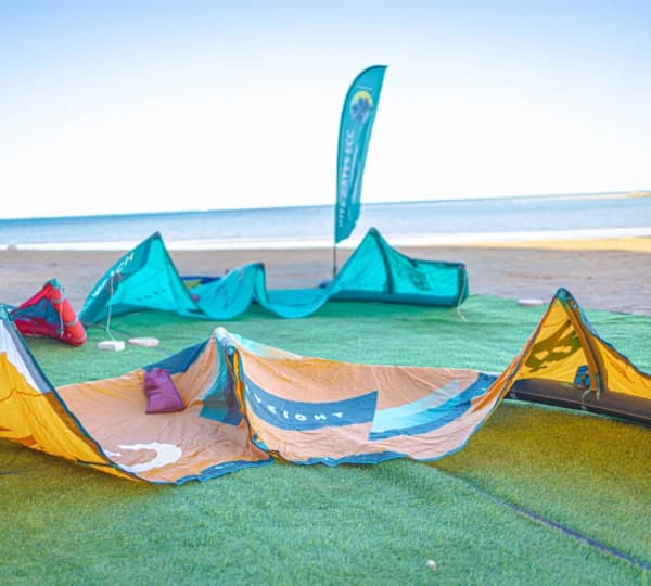 Kitesurfing kites laid out ready to rig at the Kite Dates ECC centre in Hurghada