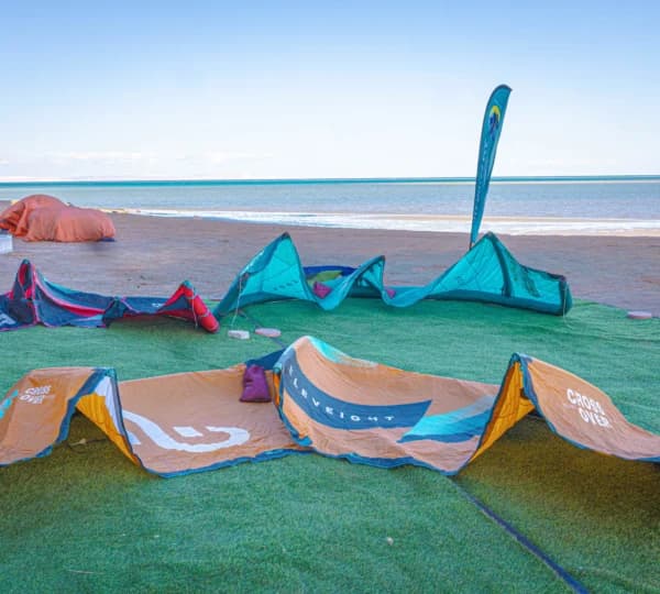 Inflated kitesurfing kites lined up on the beach at Hurghada