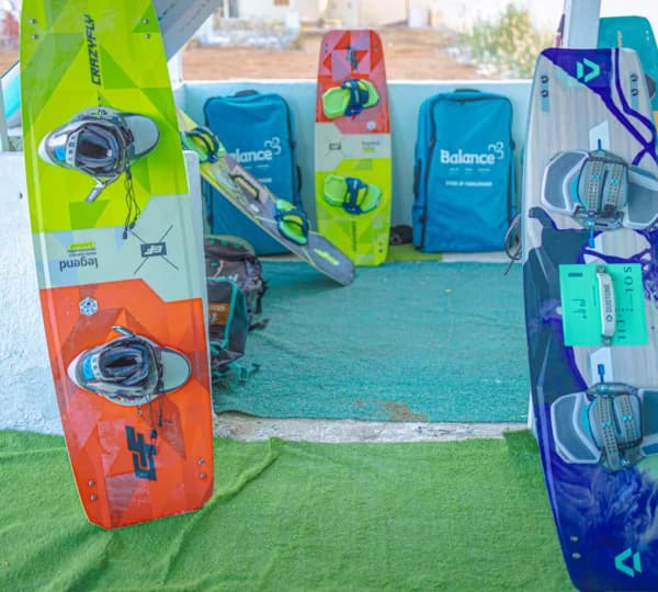 Kitesurfing twintip boards with bindings fitted, at the Hurghada centre