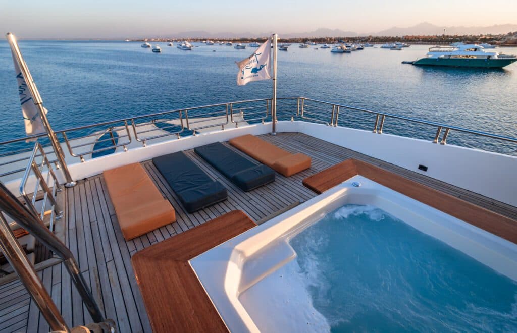 Interior and deck spaces aboard MY Anemone Turquoise
